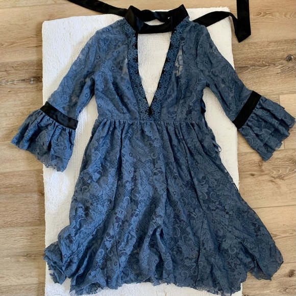 Free people dusty blue dress with black satin tie - Picture 1 of 6